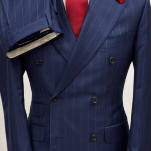 navy blue pinstripe suit men, red tie formal suit, double-breasted wedding suit, 3-piece groom suit, men’s formal fashion, luxury pinstripe suits